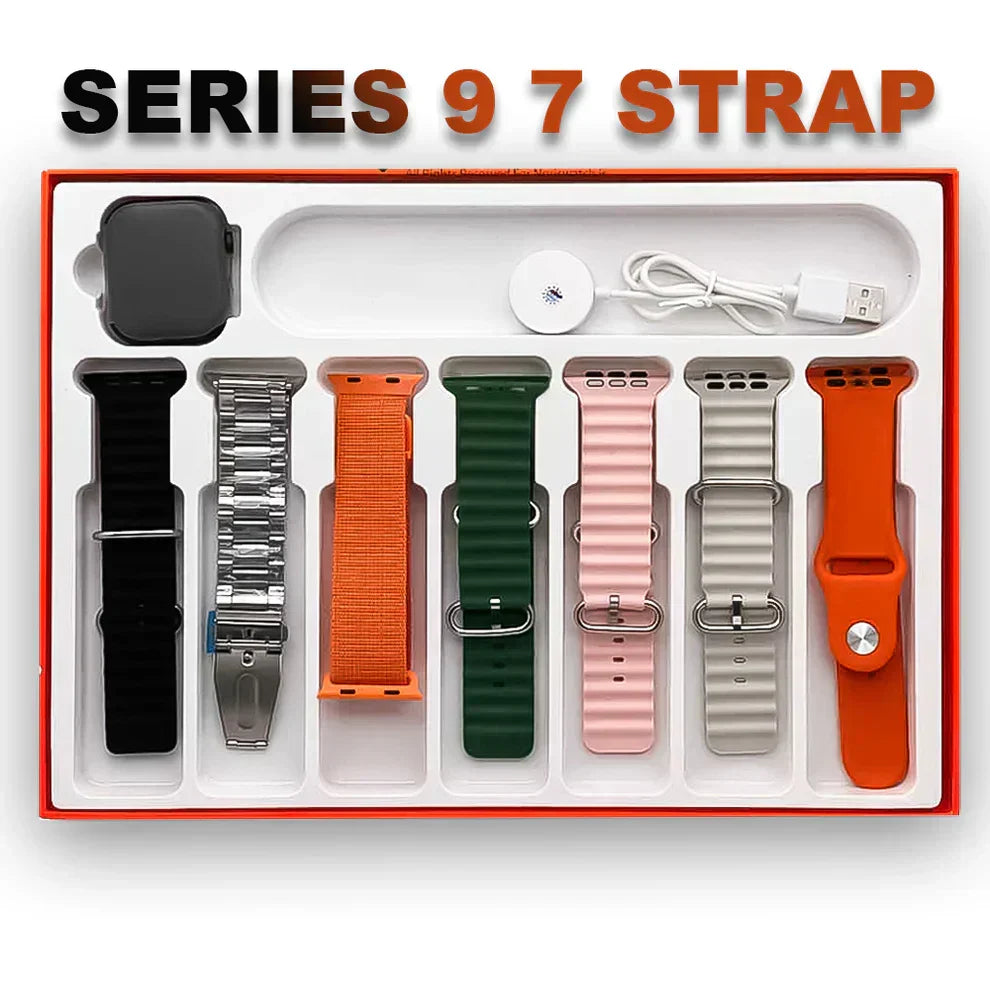 2.01″ 7in1 Ultra Smartwatch Bluetooth Calling Smartwatch, AI Voice Assistant, Metal Body with SpO2, Heart Rate Monitoring (7 Multicolor Straps)